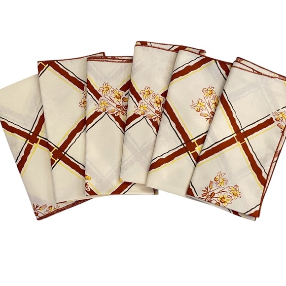 Vintage Brown MCM Floral Fabric Table Napkins Set Of 6 - Picture 1 of 4